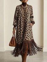 Retro Leopard Pattern Tassel Patchwork Art Print Casual Stylish Long Sleeve Dress