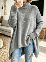 Women Oversized Turtleneck Asymmetric Hem Loose Knit Sweater