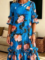 Retro Floral Pattern Art Print Casual Ruffle Stylish Cotton Linen Dress