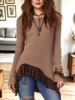 Vintage Chic Leopard Patchwork Round Collar Knitted Art Casual Stylish Long Sleeve Sweater