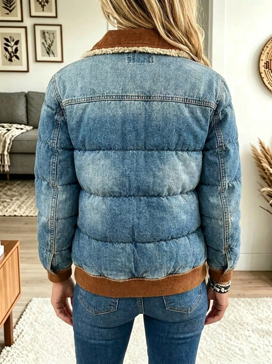 Women's Sherpa Lined Denim Puffer Bomber Jacket