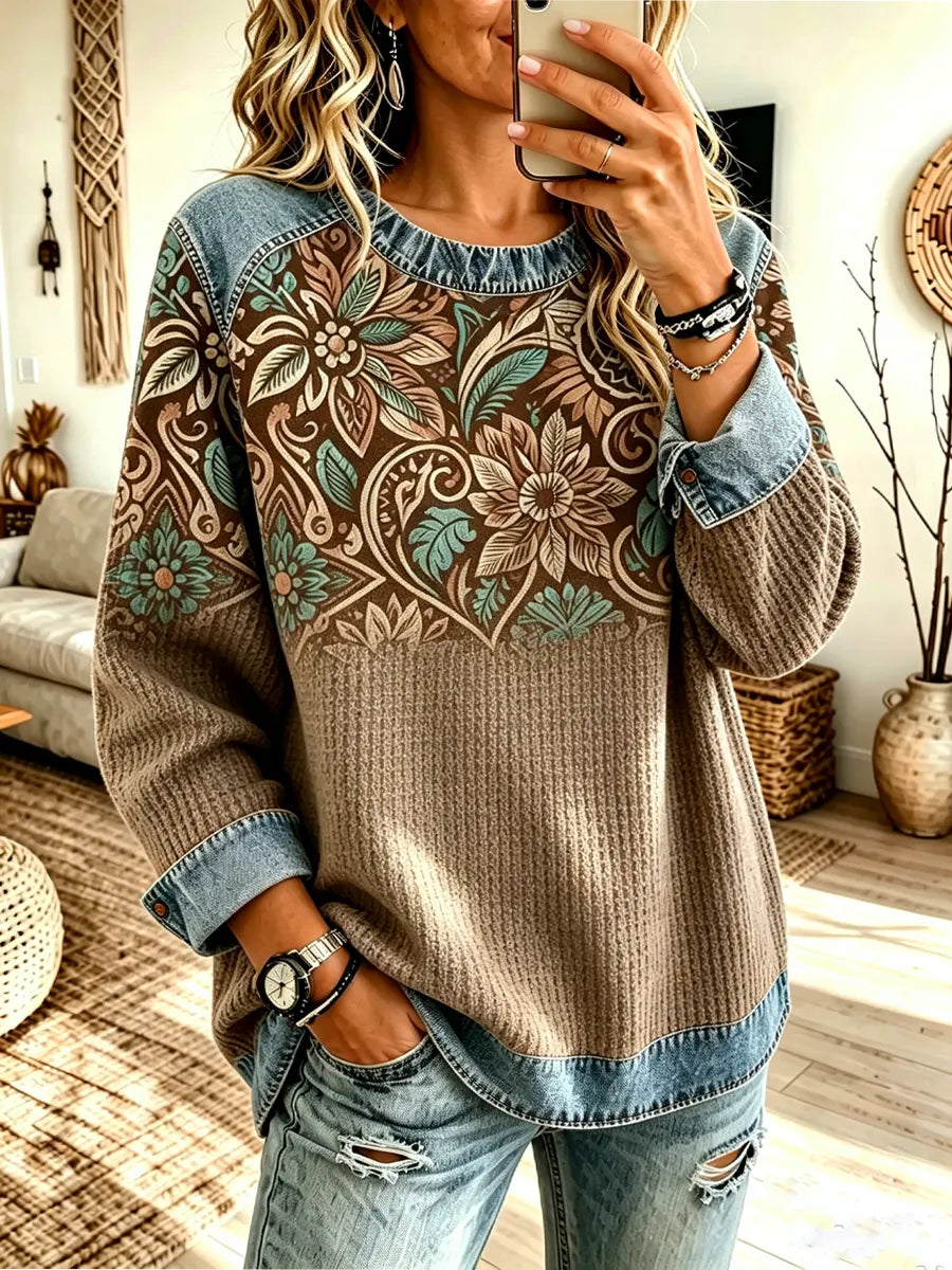 Retro Floral Pattern Art Print Casual Long Sleeve Denim Patchwork Shirt