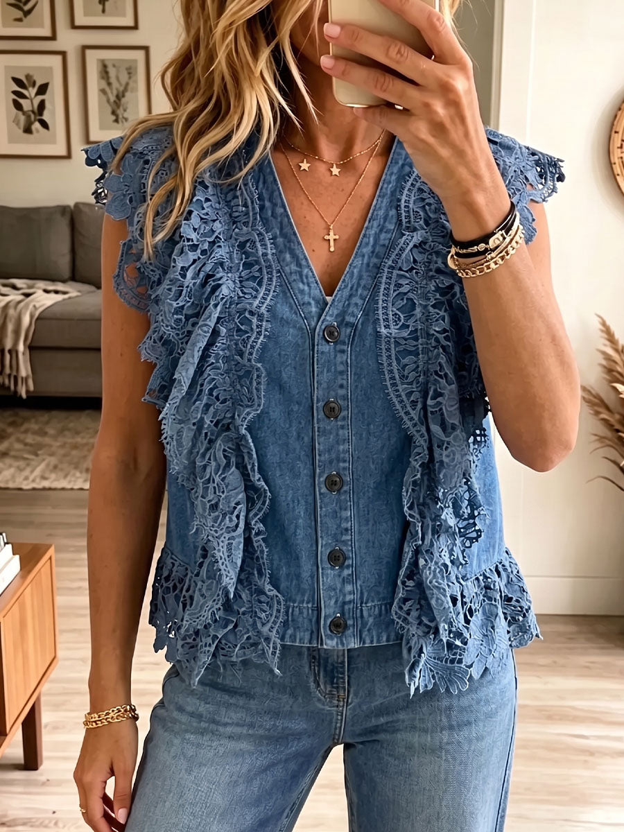 Vintage Elegant Denim Patchwork Hollowed Out Lace Shirt