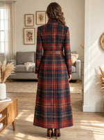 Women's Plaid Stand Collar Button Maxi Coa