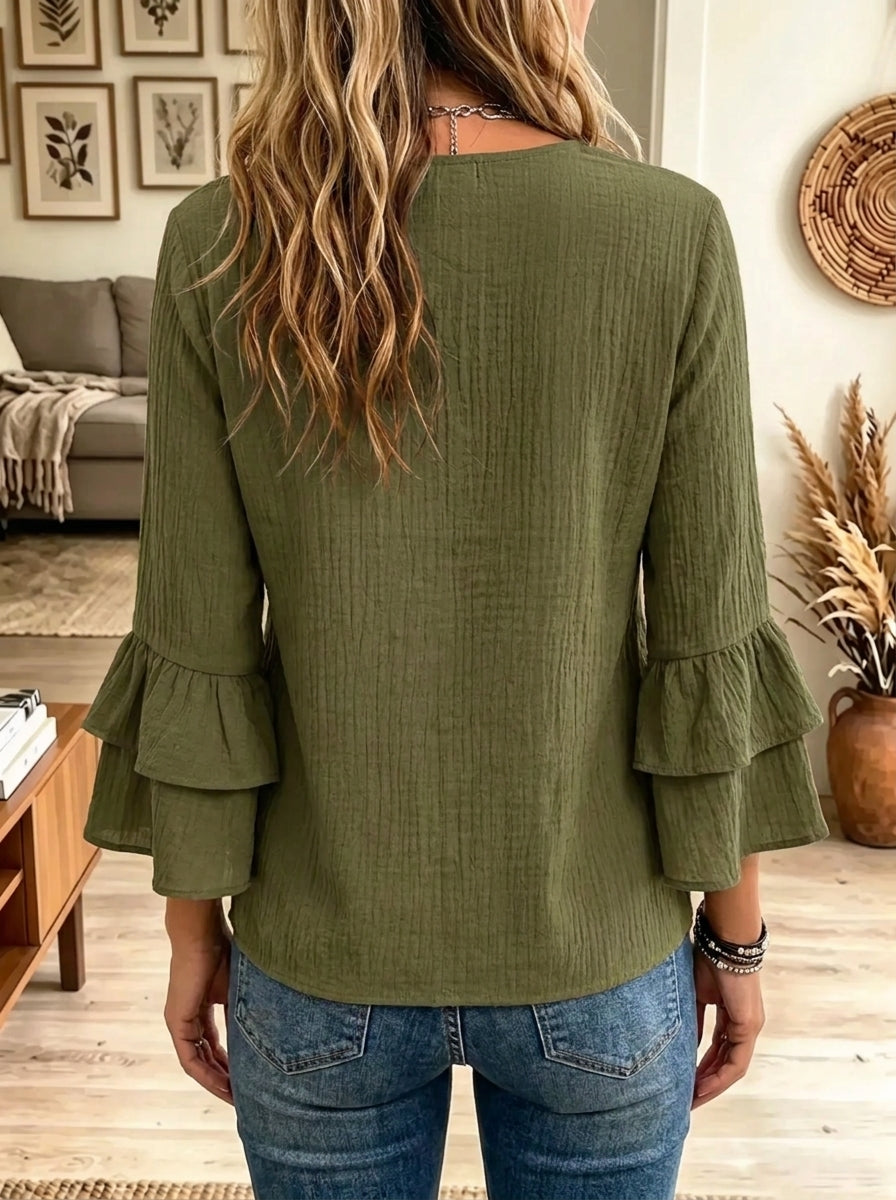 Women's Ruffled V-Neck Tiered Flared Sleeve Blouse