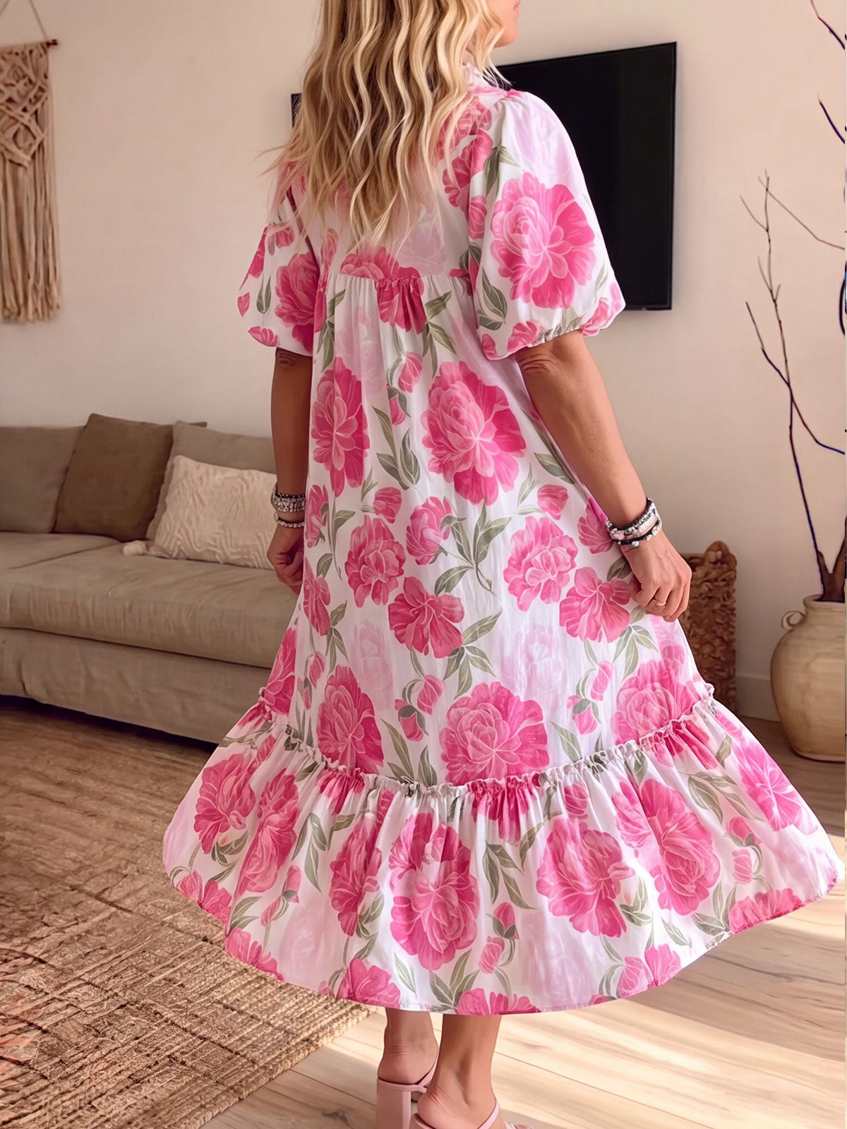 Women's Ruffle Neck Puff Sleeve Pink Floral Tiered Midi Dress With Pockets