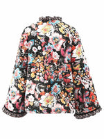 Women Floral Quilted Sherpa Trim Jacket, Lapel Button‑Up Fleece Lined Oversized Winter Coat