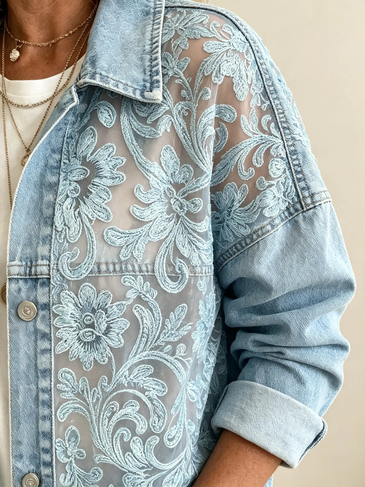 Women's Sheer Floral Lace Denim Jacket