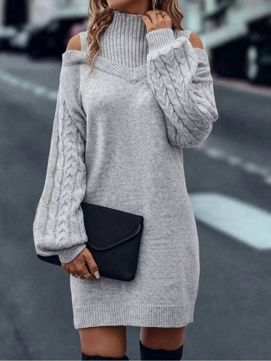 Mock Neck Cold Shoulder Cable Knit Sweater Dress Long Sleeve Mini Dress