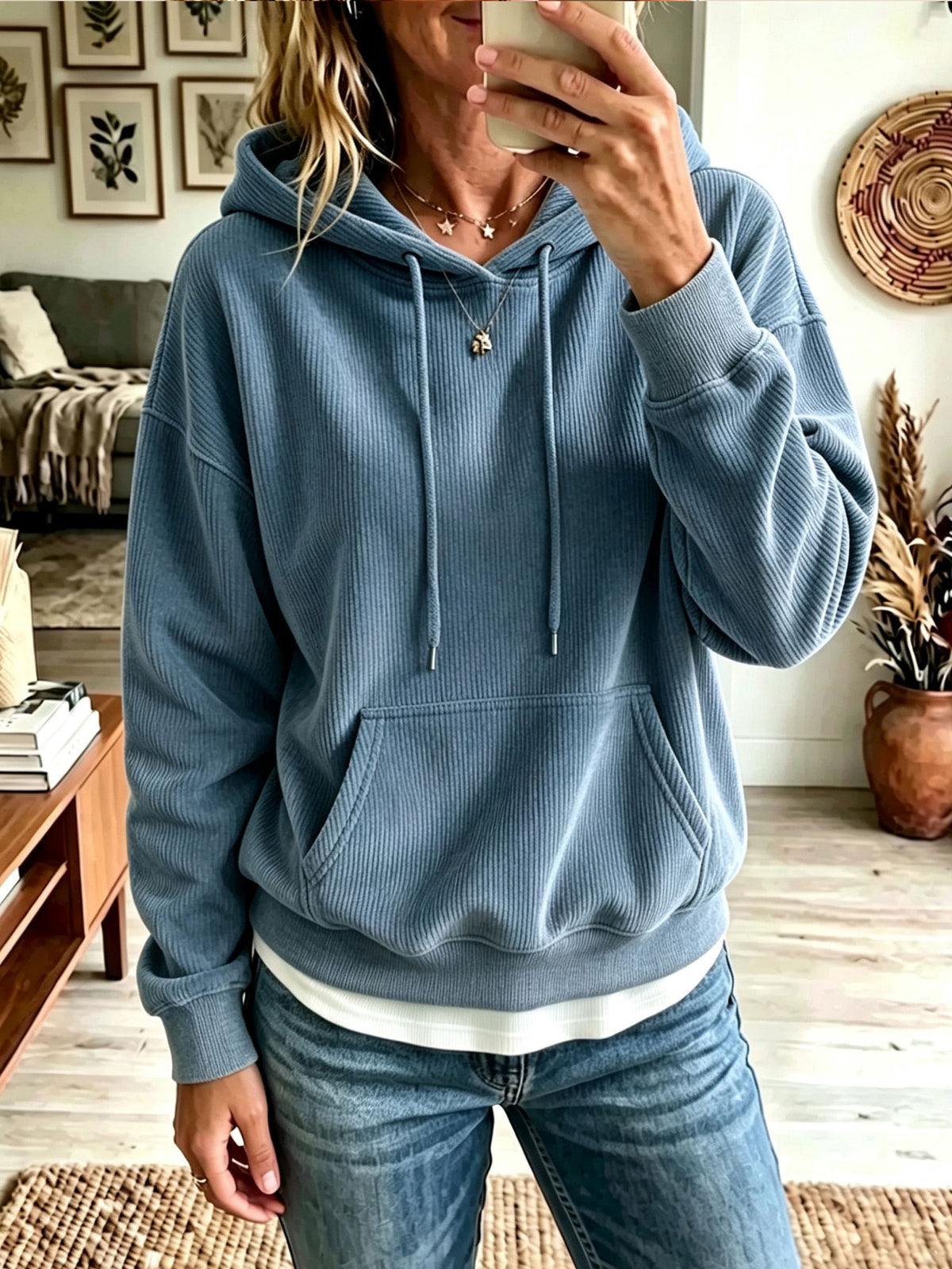 Women Corduroy Drawstring Hoodie, Casual Pocket Long Sleeve Sweatshirt