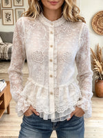 Women's White Floral Lace Mock Neck Button Down Ruffle Trim Blouse