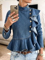 Women Denim Ruffle Peplum Top Stand Collar Gold Button Long Sleeve Slim Blouse