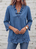 Vintage Elegant Denim Patchwork Hollowed Out Lace Shirt