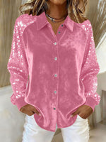 Velvet Sequin Raglan Sleeve Shirt, Button‑Down Party Blouse for Women