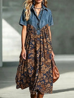 Retro Floral Pattern Art Print Casual Stylish Lapel Denim Patchwork Dress