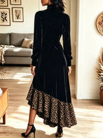 Retro Leopard Ruffle Patchwork Art Casual Stylish Long Sleeve Dress