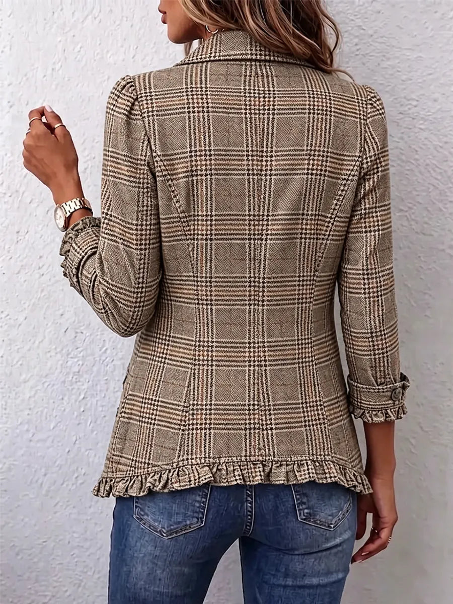 Retro Plaid Pattern Art Print Ruffle Casual Stylish Cotton Lapel Coat