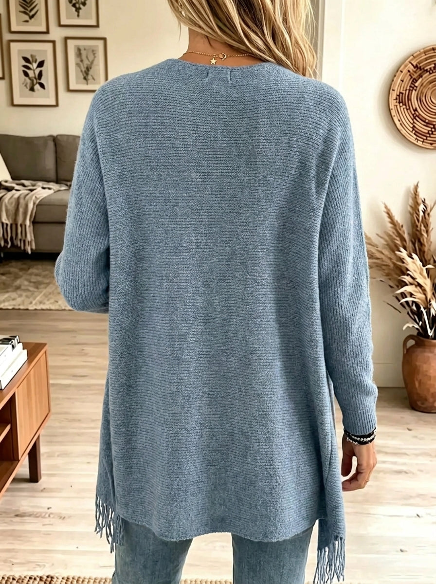 Women's Asymmetrical Fringe Wrap Knit Poncho Sweater