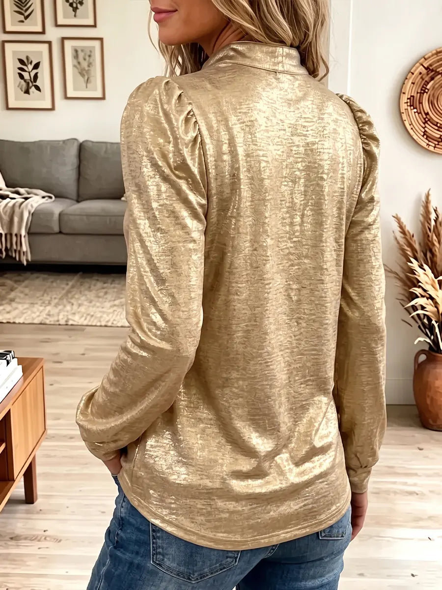 Vintage Elegant Shimmering Gold Puff Sleeves Shirt