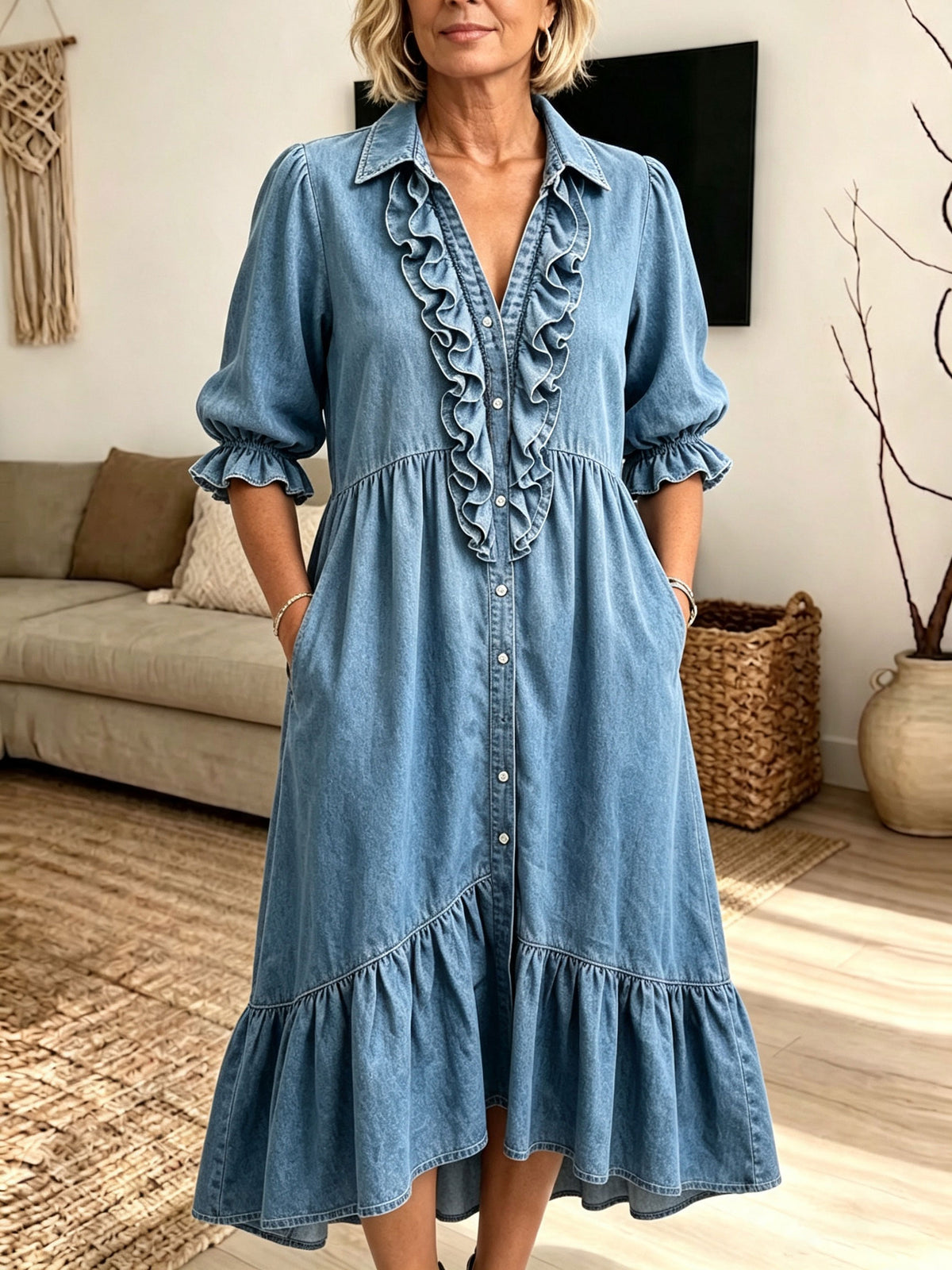 Women Ruffle Trim Denim Midi Dress Puff 3/4 Sleeve Button Down Loose Shirt Dress With Pockets