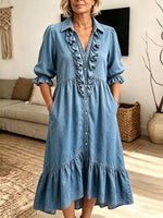 Women Ruffle Trim Denim Midi Dress Puff 3/4 Sleeve Button Down Loose Shirt Dress With Pockets