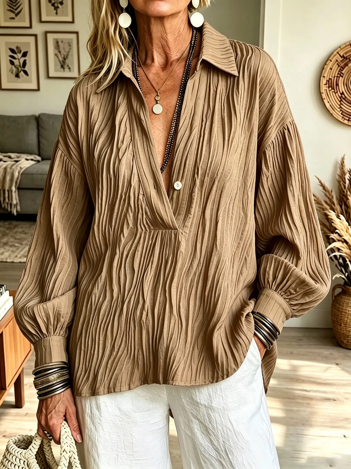 Women's Crinkle Pleated Deep V-Neck Blouse