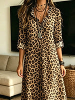 Retro Leopard Pattern Art Casual Long Sleeve Stylish Cotton Linen Dress