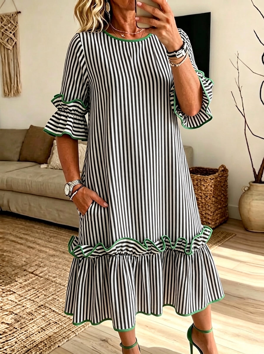 Green Trim Stripe Flounce Sleeve Pocket Midi Dress