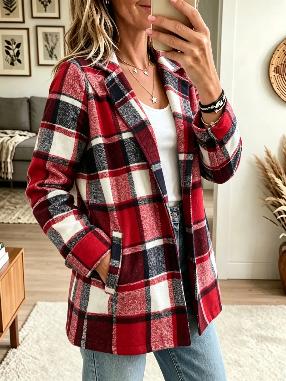 Women's Plaid Print Open-Front Cardigan Coat