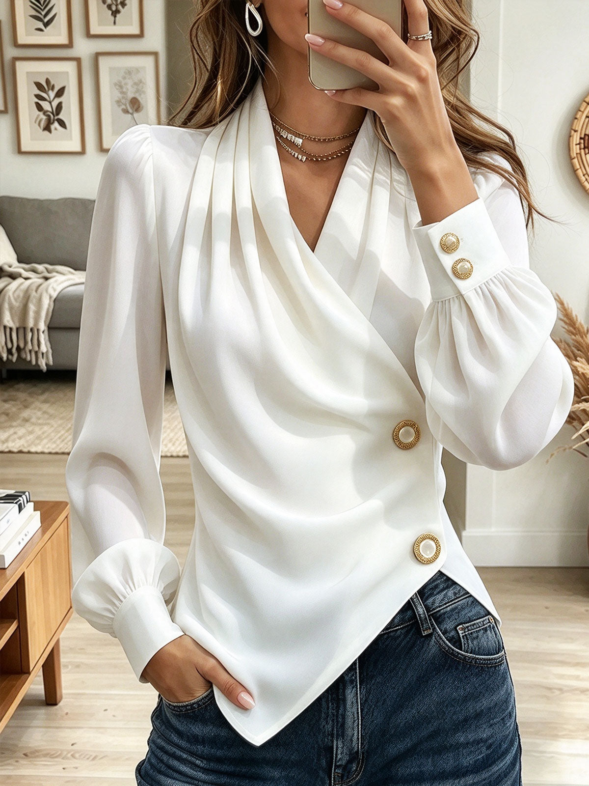 Women's White Draped Asymmetric Button Down Chiffon Blouse with Pearl Accents