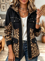 Women's Black Zip-Up Hooded Jacket with Studded Leopard Print Contrast Panels