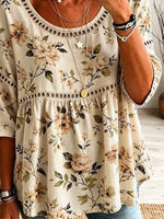 Retro Floral Pattern Art Print Casual Hollow Short Sleeve Cotton Linen Shirt