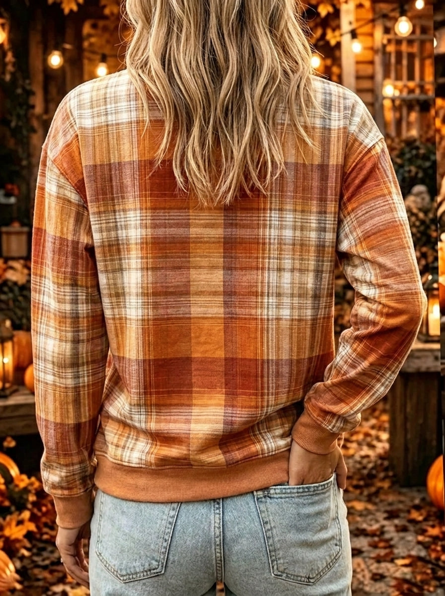 Women Fall Plaid Patchwork Maple Leaf Applique Crewneck Sweatshirt
