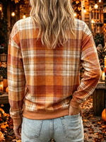 Women Fall Plaid Patchwork Maple Leaf Applique Crewneck Sweatshirt