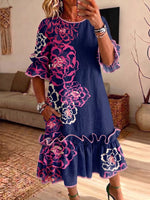 Women Floral Print Ruffle Midi Dress Round Neck 3/4 Flounce Sleeve Loose Casual Dress With Pockets