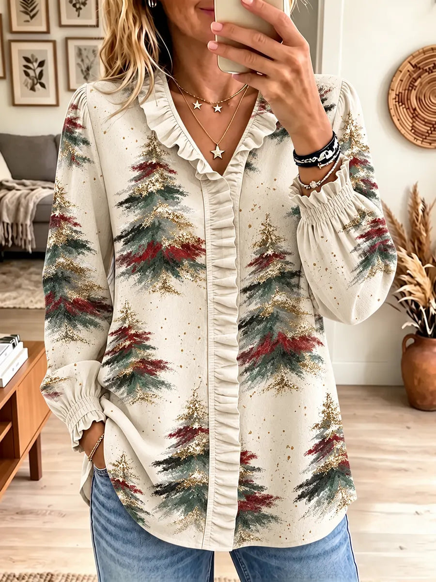 Women's Christmas Tree Print Ruffle Trim Long Sleeve V Neck Blouse