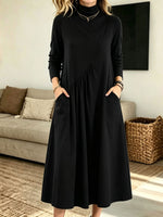 Women Turtleneck Diagonal Ruched Pocket Long Sleeve Midi Dress
