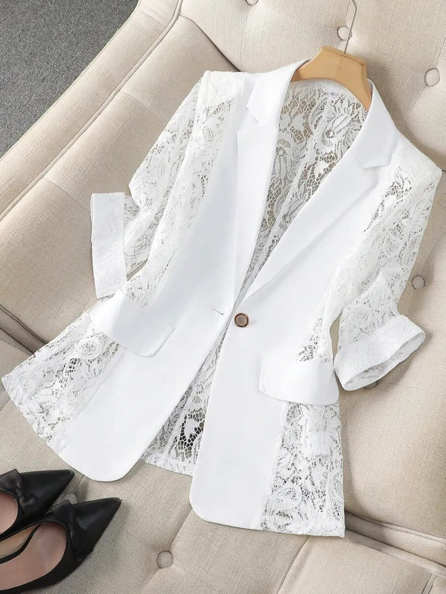 Retro Elegant Solid Color Lace Patchwork Art Casual Stylish Blazer Coat