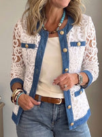 Women Lace Denim Spliced Long Sleeve Jacket Gold Button Decor Casual Outerwear