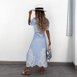 Women Eyelet Embroidery Belted Shirt Midi Dress With Puff Sleeves