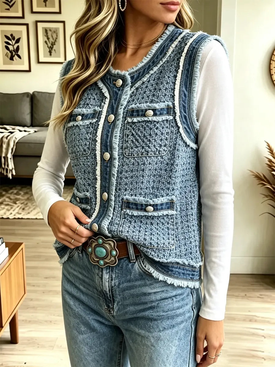 Retro Elegant Chic Denim Patchwork Art Casual Stylish Vest Coat