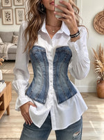 Women's White Button-Up Shirt with Studded Denim Corset Overlay