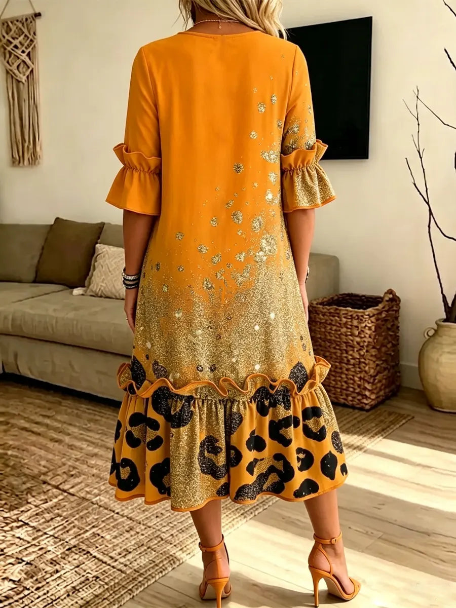 Retro Leopard Shiny Gradient Pattern Art Print Casual Ruffle Stylish Cotton Linen Dress
