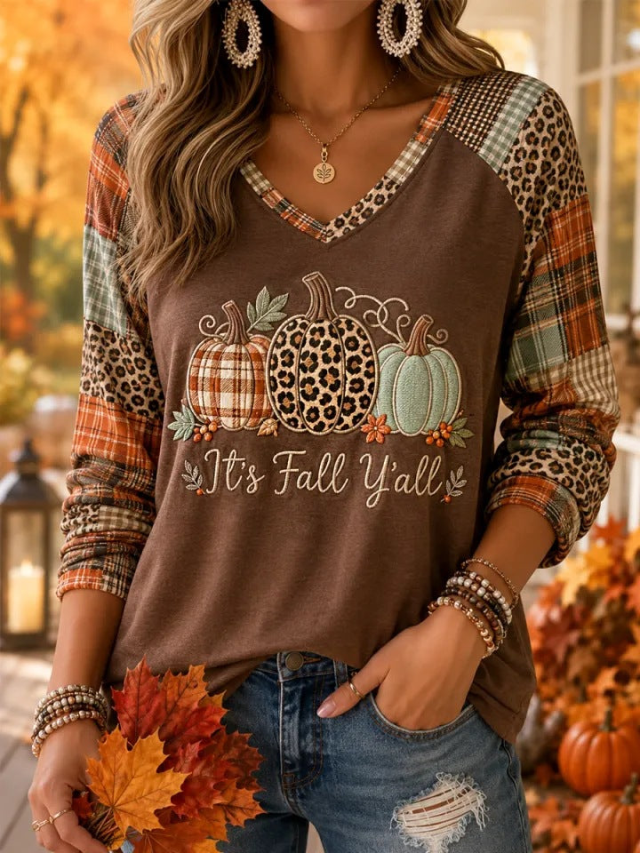 Women Hello Fall Ghost Pumpkin Spice Plaid Raglan Long Sleeve V‑Neck T‑Shirt