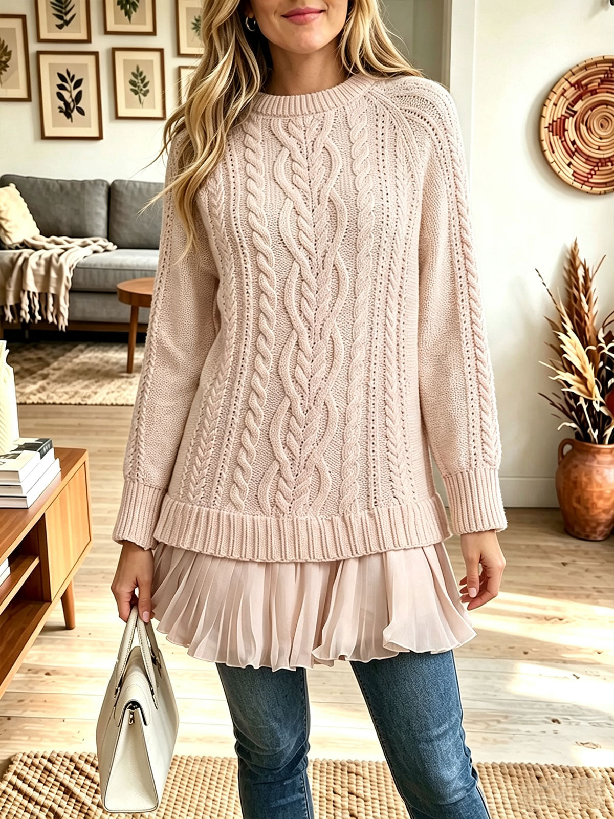 Women Cable‑Knit Mock Neck Chiffon Ruffle Hem Layered Sweater Tunic