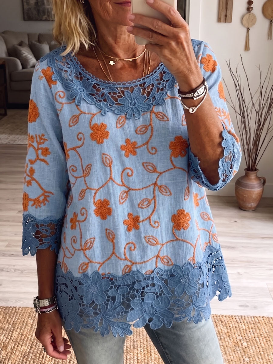 Vintage Elegant Pattern Print Patchwork Hollowed Out Lace Shirt