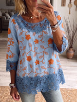 Vintage Elegant Pattern Print Patchwork Hollowed Out Lace Shirt