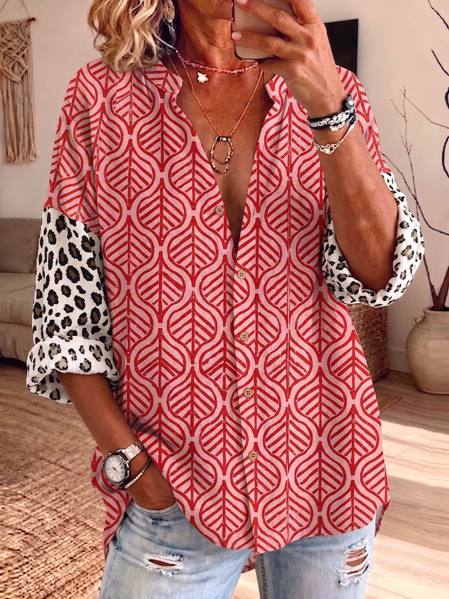 Vintage Elegant Button Long Sleeve Patterned Shirt