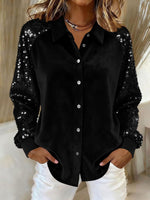 Velvet Sequin Raglan Sleeve Shirt, Button‑Down Party Blouse for Women