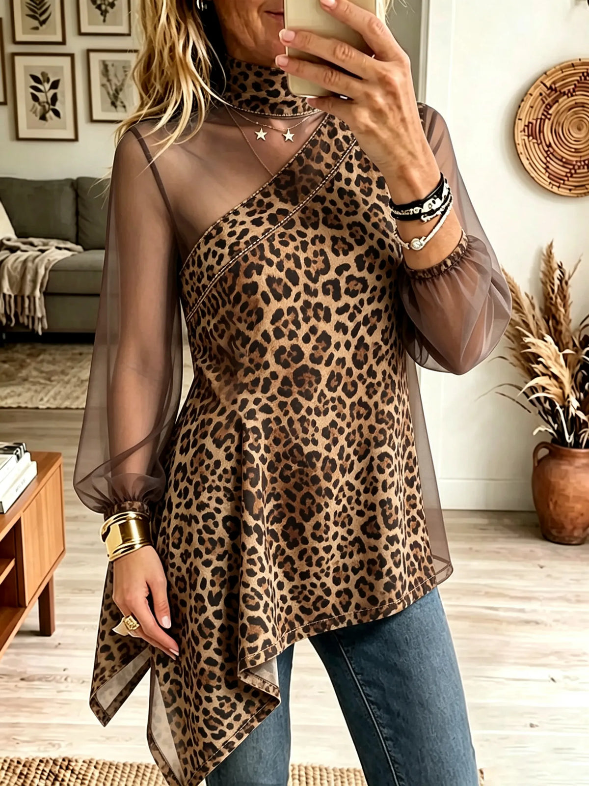 Women's Asymmetrical Leopard Print Sheer Top